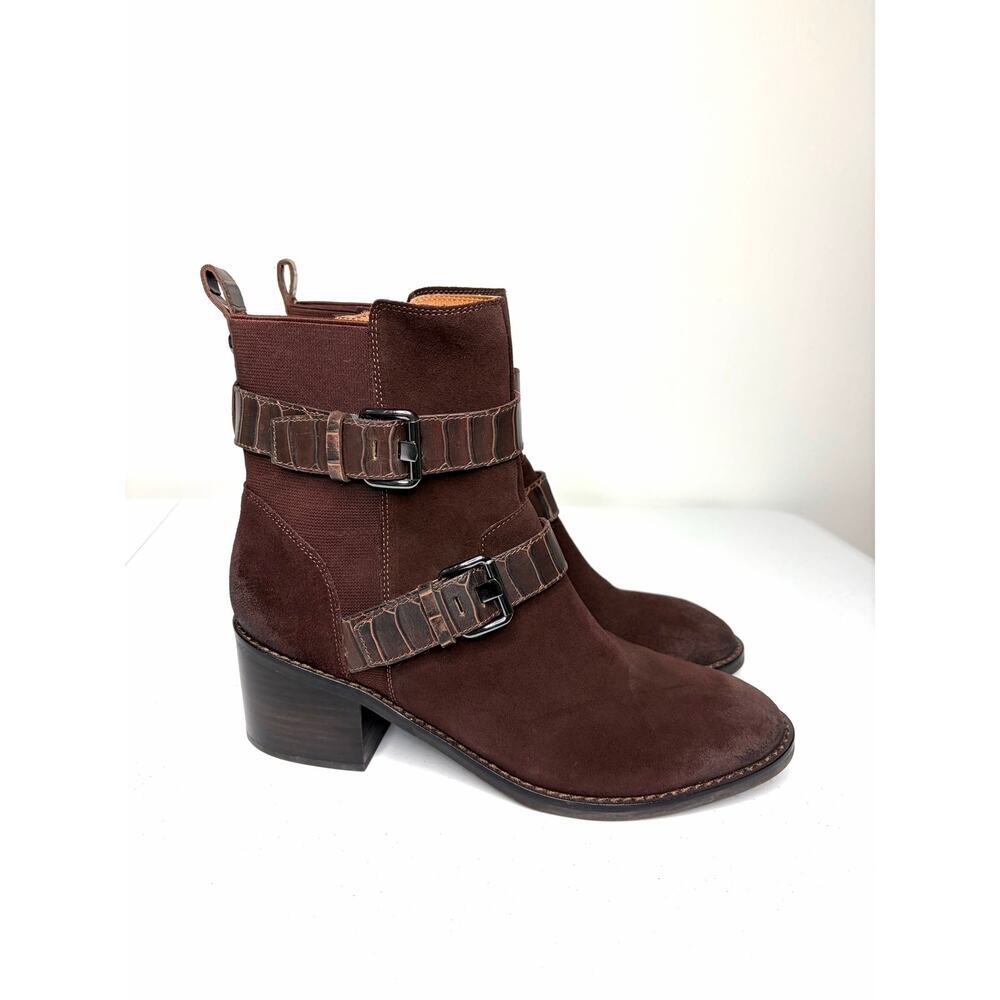 Donald Pliner Dahlin Calf Suede Bootie Sz 8.5 Espresso Chocolate Brown Buckles